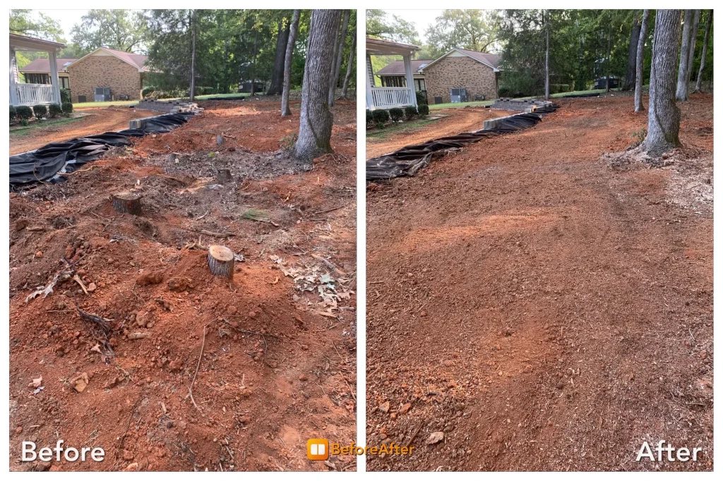 Before and after stump grinding — Driveway-side cleanup